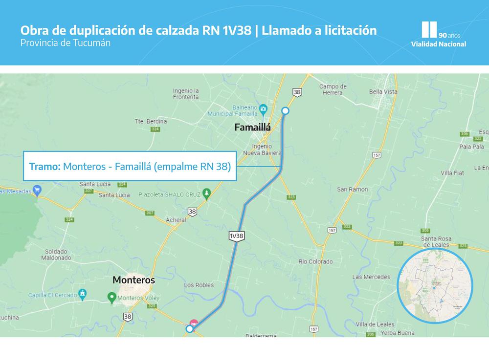 Mapa obra duplicación de calzada RN 1V38 entre Monteros y Famaillá