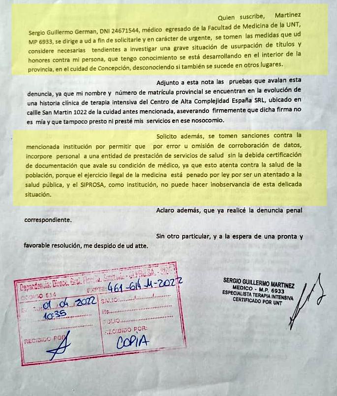 DENUNCIA MEDICO TRUCHO