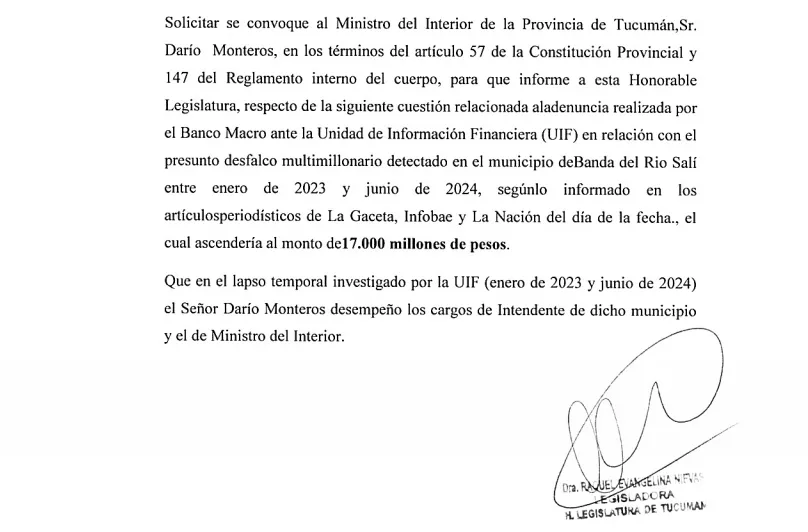 pedido de informe - posible desfalco - legisladora Nievas